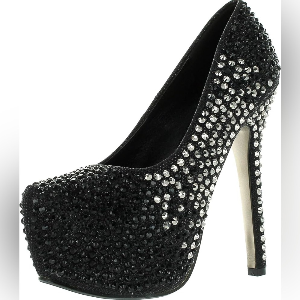 Jeru Black Sparkle Rhinestone Dress High Stiletto Platform Pumps US Size 5 1/2 - Picture 2 of 9